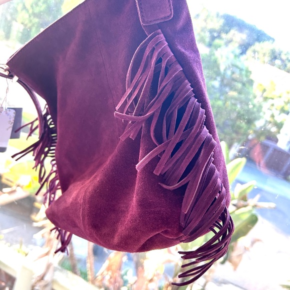 Haute Hippie Fringe Suede Bucket Bag Burgundy / Wine Boho Slouchy design ⭐️NWT⭐️ - Picture 3 of 15